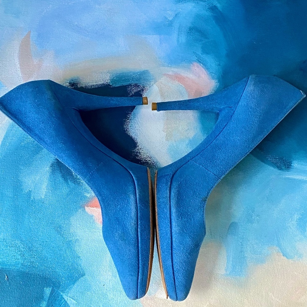 Pour La Victoire Blue Suede Platform Pumps Heels Size 9.5 Pointed Toe Designer - Picture 5 of 12